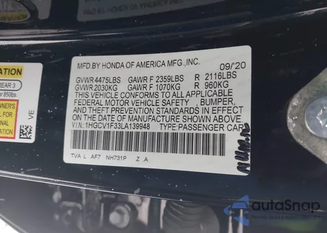 2020 Honda Accord Sport z USA, uszkodzony, nr VIN 1HGCV1F33LA139948